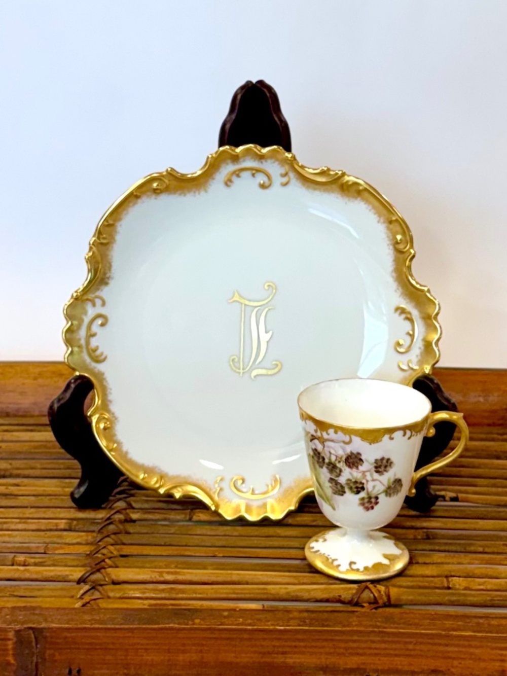 Vintage Hand Painted Porcelain 2-Pc Set Monogram Plate & Footed Berry Teacup